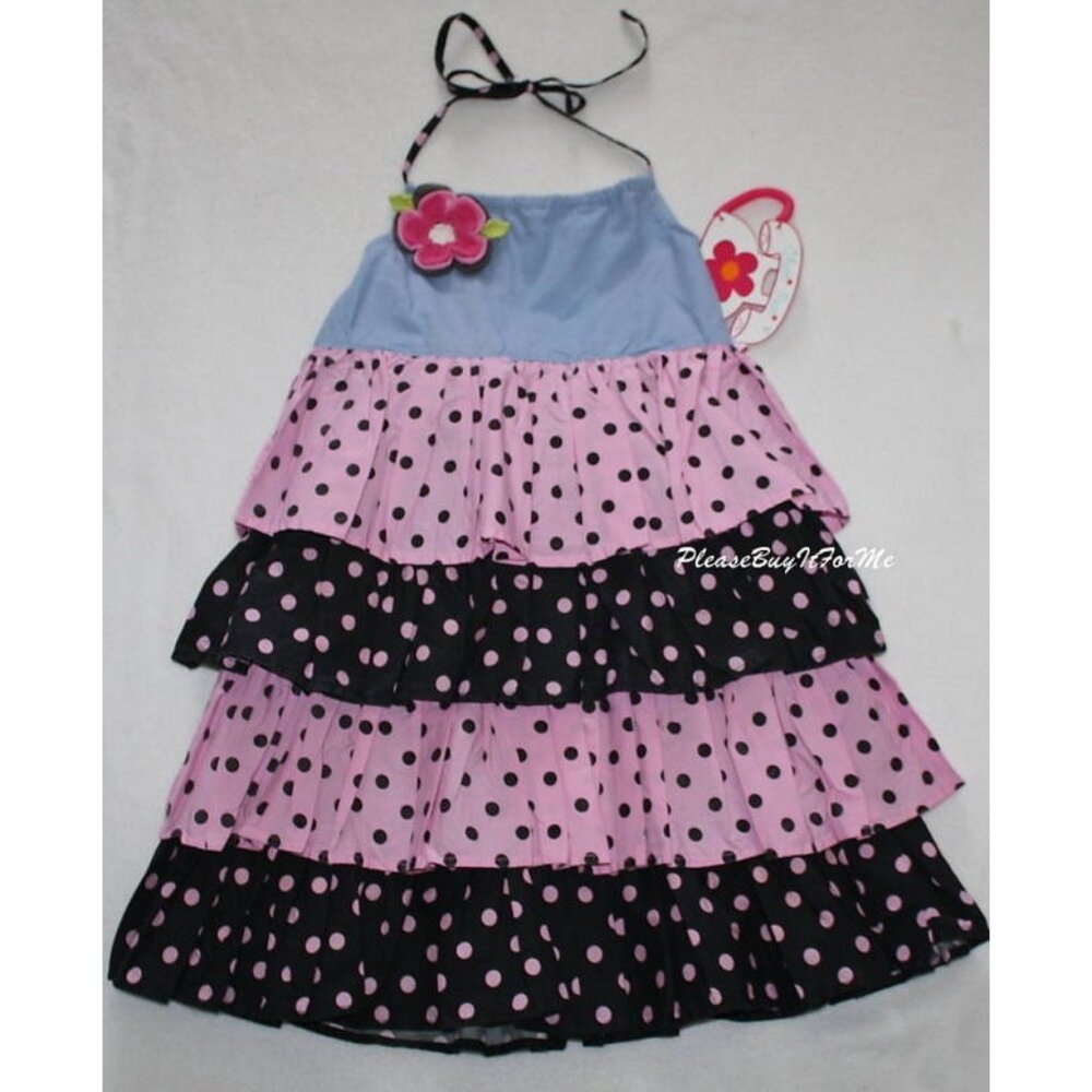 New Chatti Patti Pink/Black Poshy Scottie Ruffles Polka Dot Halter Dress Size 7